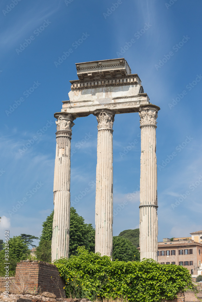 Front view of  ruins of the iconic three columns in Forum Romanum. Rome. Italy. Vertically. 