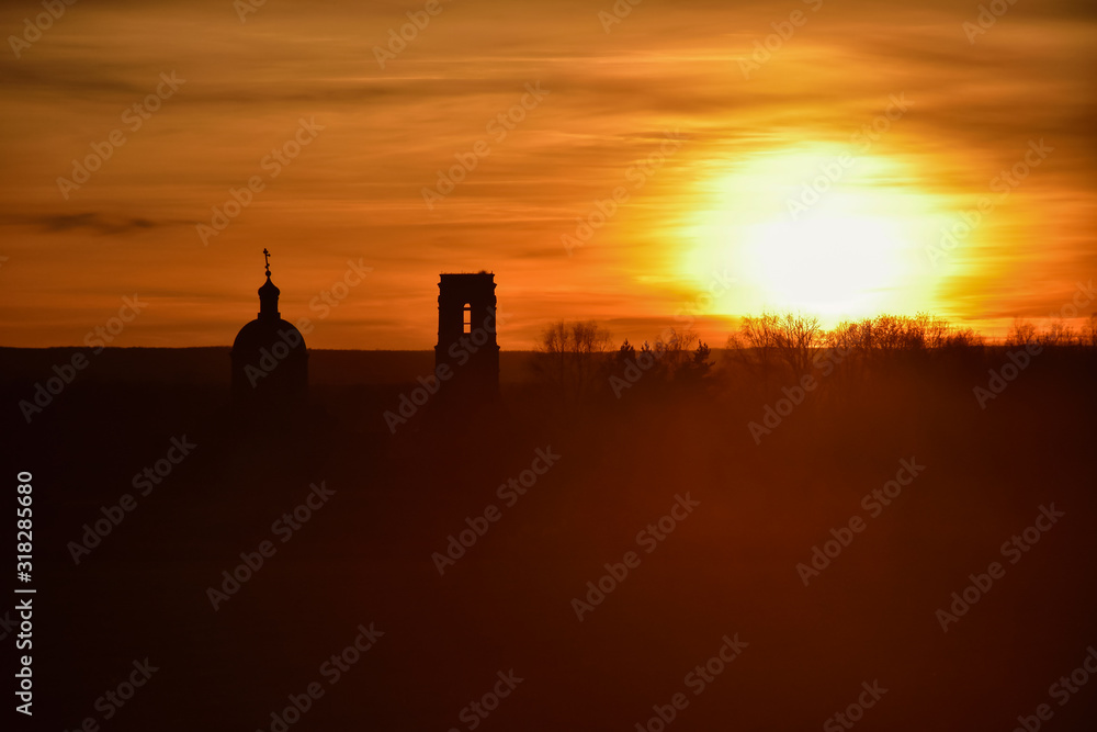 silhouette of church on a sunset background, an abandoned church in field at sunset, church on colorful sunset sky silhouette of church on a sunset background, an abandoned church in field at sunset, church on colorful sunset sky