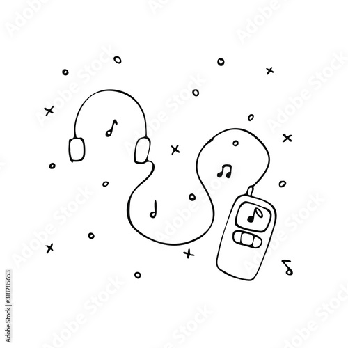 Music player and headphones with little notes. Doodle style vector illustration.