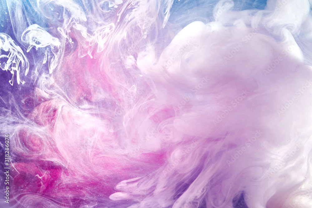 Fototapeta premium Abstract bright swirling smoke, valentines day background. Vibrant colorful fog, exciting perfume fragrance, hookah backdrop. Contrasting colors of love, passion, relaxing meditation music