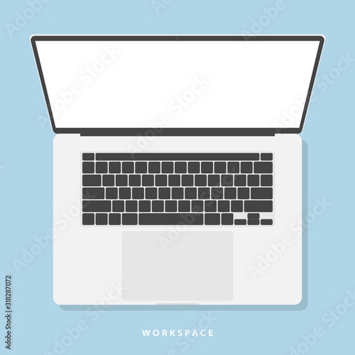 laptop icon in flat style design with keyboard and touchpad top view with shadow on blue background. notebook mockup. stock vector illustration
