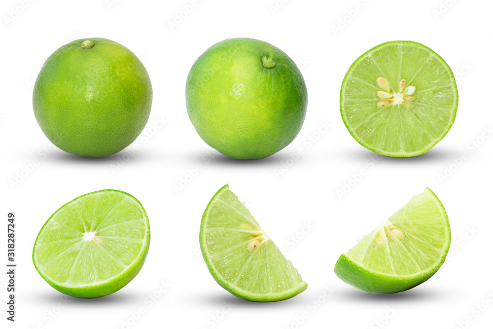 Isolated of fresh green lemon or lime  fruit on white background with clipping path.
