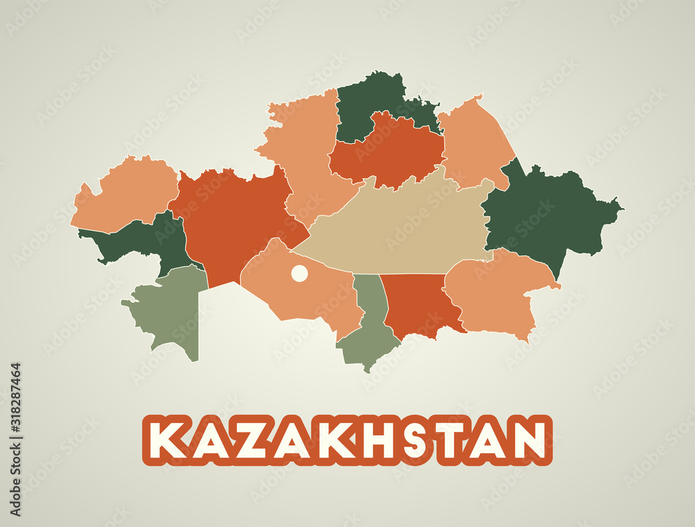Kazakhstan poster in retro style. Map of the country with regions in autumn color palette. Shape of Kazakhstan with country name. Vibrant vector illustration.