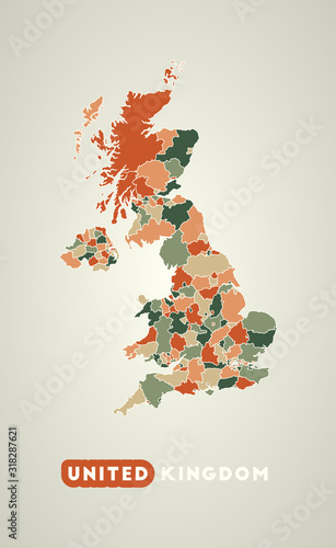United Kingdom poster in retro style. Map of the country with regions in autumn color palette. Shape of United Kingdom with country name. Stylish vector illustration.