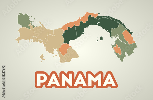 Panama poster in retro style. Map of the country with regions in autumn color palette. Shape of Panama with country name. Cool vector illustration.