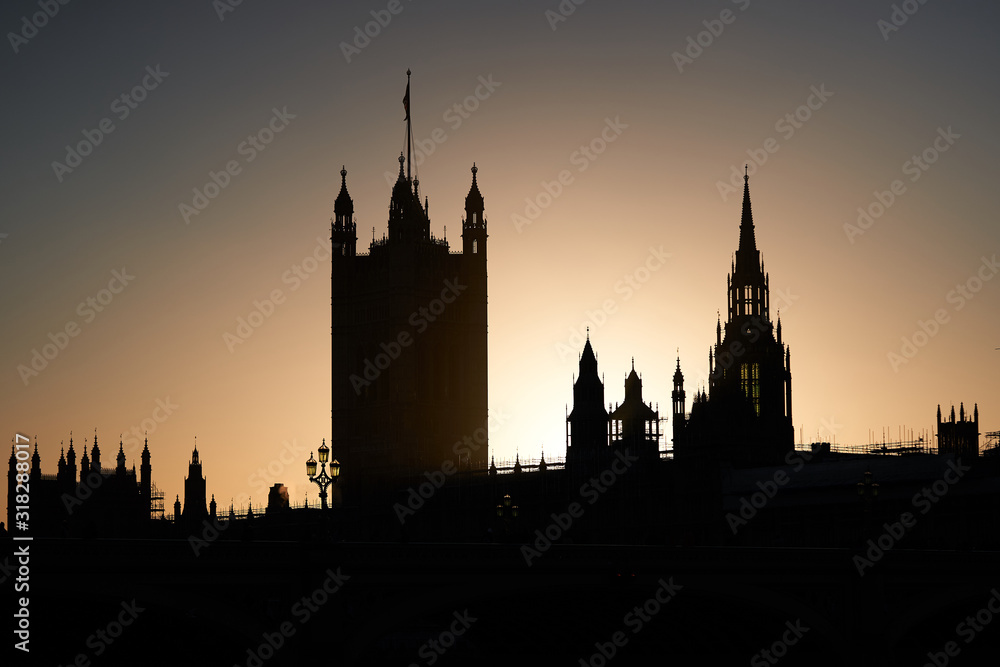 Silhouette of Westminster abbey in London, Picture taken in sunny evening during the golden hour. One of the most famous world places in London, capital of Great Britain.