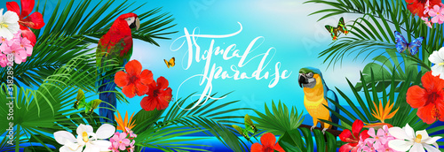 Beautiful tropical banner with flowers,butterfly,parrots and palm leaves on sea background
