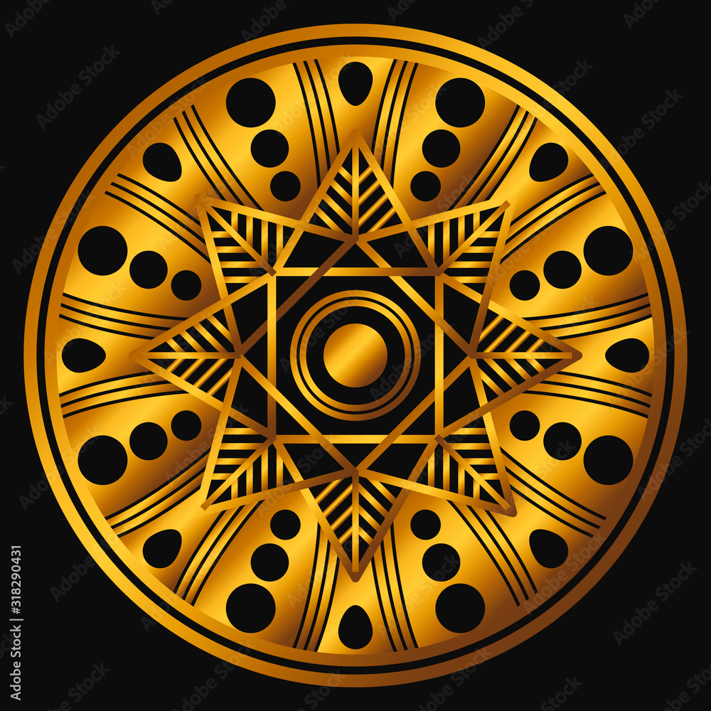 Golden mandala on a black background. Decorative round symbol, arabic motifs