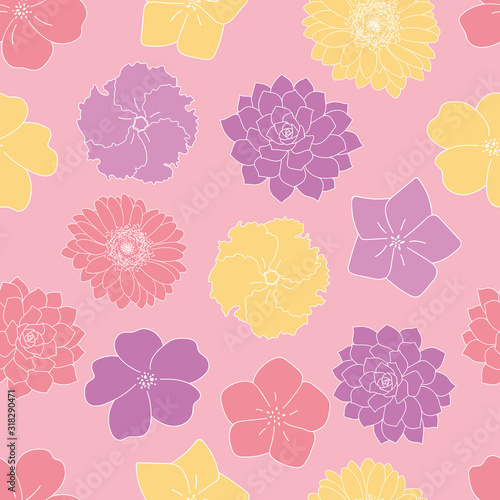 purple and yellow flowers lineart seamless pattern pink background
