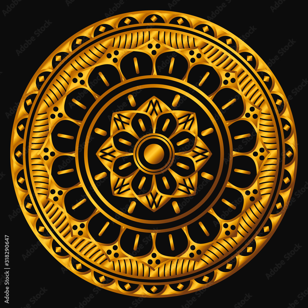 Fototapeta premium Golden mandala on a black background. Decorative round symbol, arabic motifs