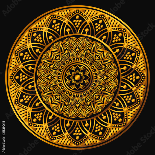 Golden mandala on a black background. Decorative round symbol, arabic motifs
