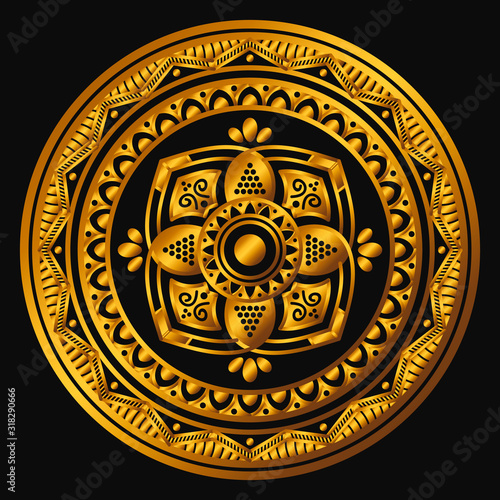 Golden mandala on a black background. Decorative round symbol, arabic motifs