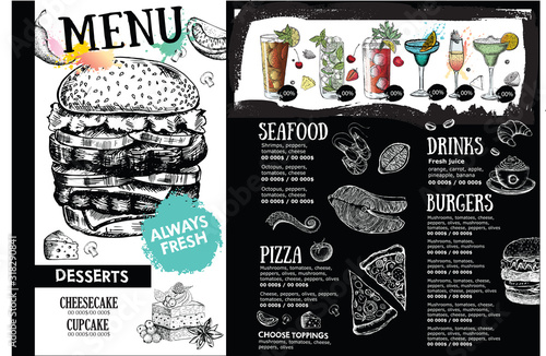 Menu restaurant brochure. Template design. Food flyer. Alcoholic cocktails sketch. Нand drawn illustrations.