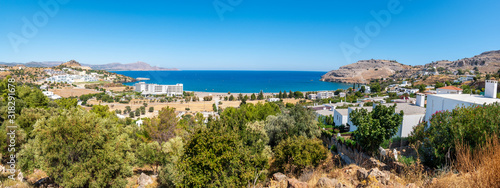 Panoramic view of Vlycha bay (beach) with hotels near Lindos village (Rhodes, Greece)