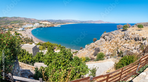 View of Vlycha bay  beach  with hotels near Lindos village  Rhodes  Greece 