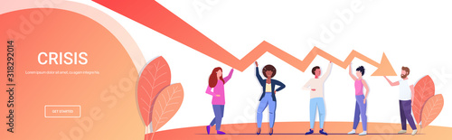 mix race businesspeople team holding economic downward chart graph arrow falling down financial crisis bankrupt investment risk concept full length copy space horizontal vector illustration