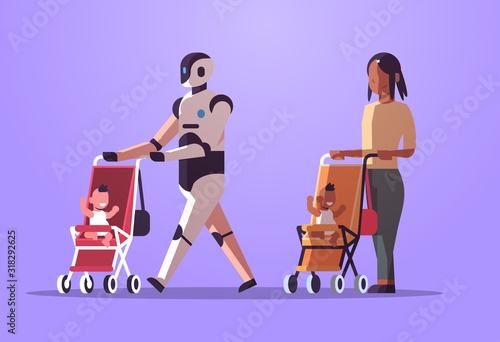 robotic babysitter and mother or nanny walking with baby in stroller robot vs human standing together artificial intelligence technology concept flat full length horizontal vector illustration