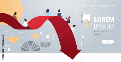 businesspeople sliding down falling economic arrow financial crisis bankrupt investment risk business failure concept full length horizontal copy space vector illustration