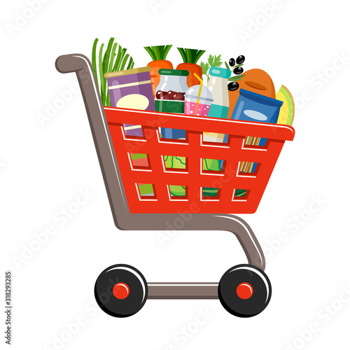 Shopping cart with products. Supermarket