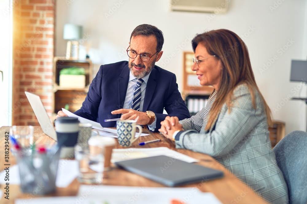 Two middle age business workers smiling happy and confident. Working together with smile on face using laptop at the office Two middle age business workers smiling happy and confident. Working together with smile on face using laptop at the office