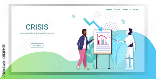 robot presenting downward chart to businessman economic arrow falling down on flipchart financial crisis bankrupt investment risk concept artificial intelligence full length copy space horizontal