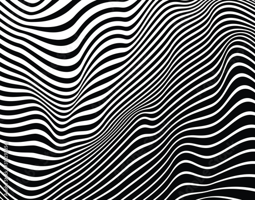 Digital image with a psychedelic stripes Wave design black and white. Optical art background. Texture with wavy, curves lines. Vector illustration