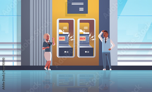 sad man woman customers near ATM machine with no money error notification financial crisis transaction denied locked bank credit card bad servise at bank concept horizontal full length vector
