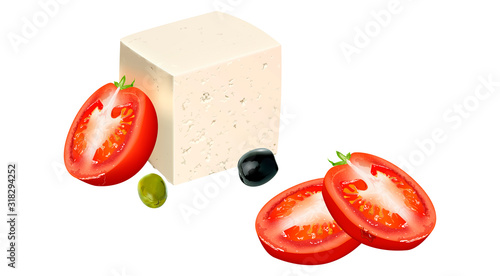 Goat cheese with fresh tomatoes and olives in vector format.