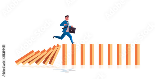 businessman running on falling dominos problem solving domino effect crisis management chain reaction finance intervention concept horizontal full length vector illustration