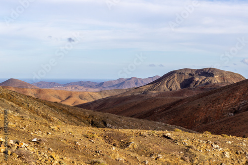 Panoramic view at landscape from viewpoint mirador astronomico de Sicasumbre between Pajara and La Pared on canary island Fuerteventura