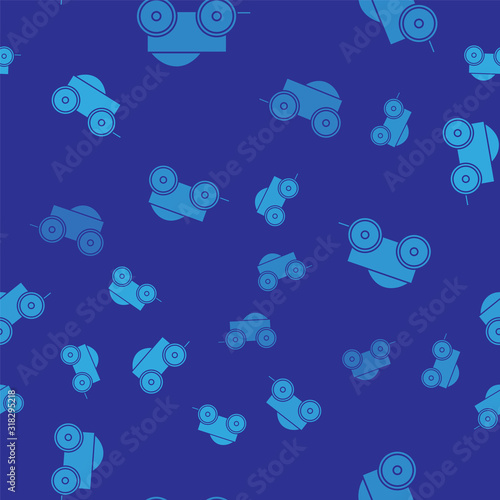 Blue Wooden four-wheel cart with hay icon isolated seamless pattern on blue background. Vector Illustration