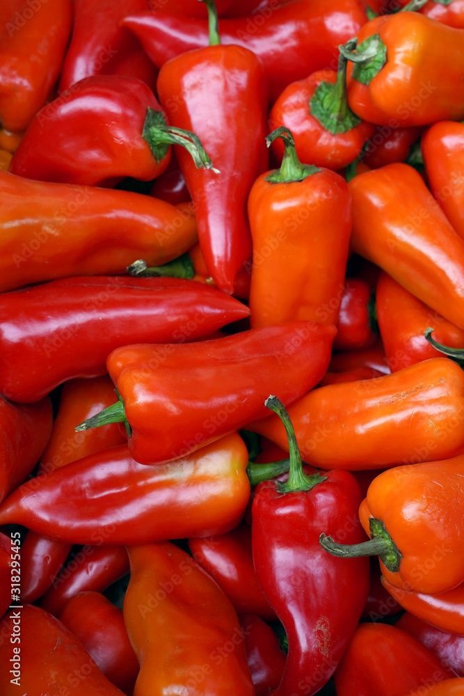 red peppers on display at the market