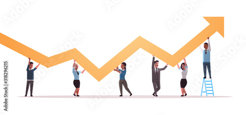 businesspeople holding upward financial arrow up teamwork successful business development growth concept mix race employees correcting direction of graphic horizontal full length vector illustration