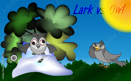 Lark vs Owl - a lark wakes an owl on the phone on a sunny morning, vector clip art