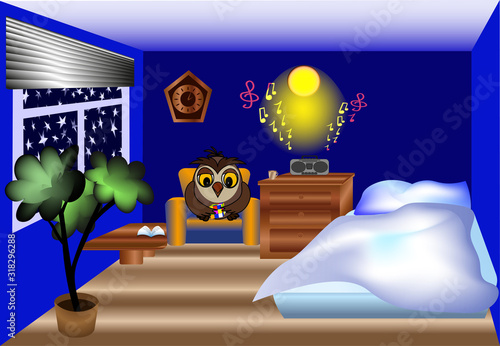 Late night, an owl plays a rubik's cube to loud music, vector clip art