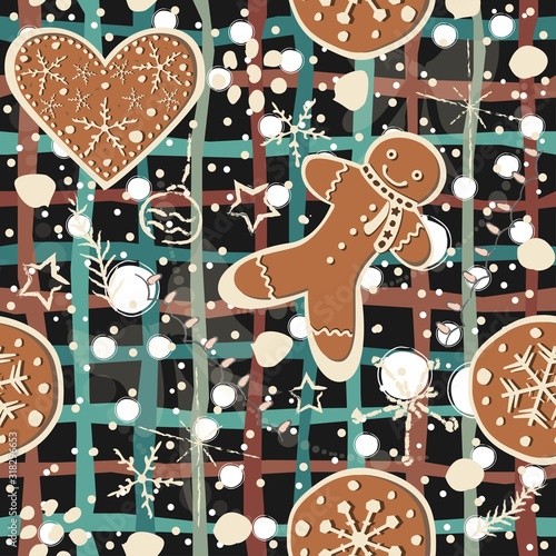 Cute Winter Seamless Pattern with gingerbread cookies. Vector Illustration.