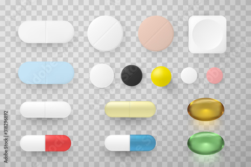 Pills and capsules realistic 3d vector illustrations set