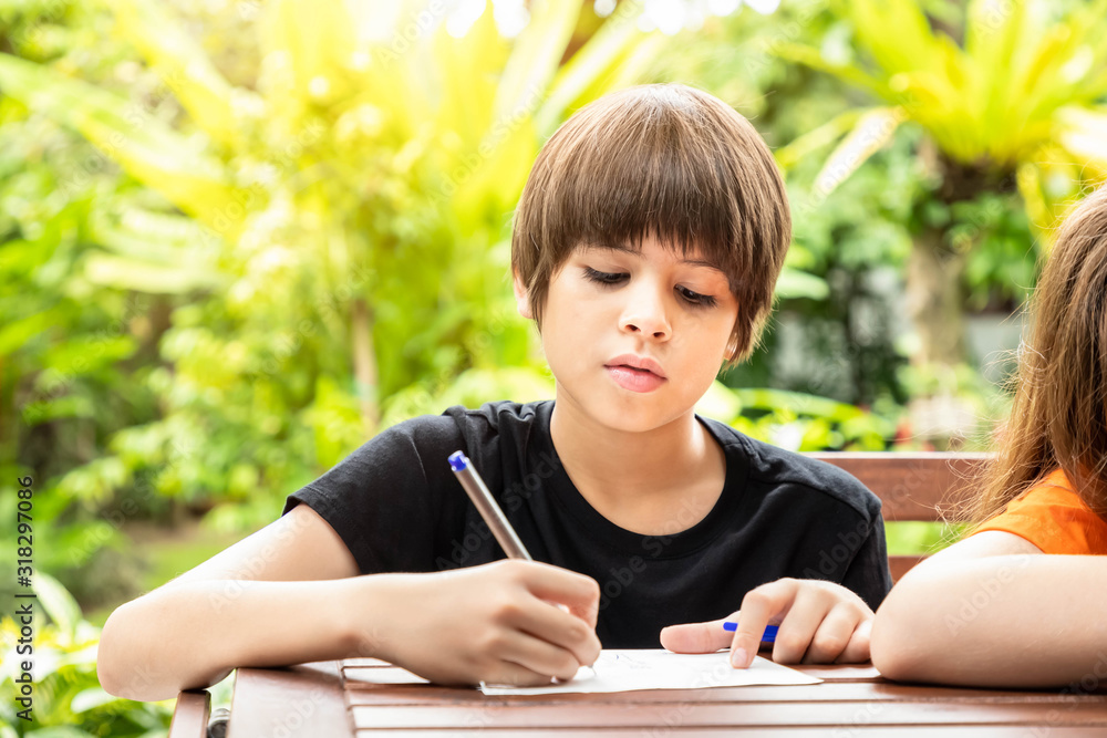 Portrait of cute boy drawing and doing homework in garden at home Portrait of cute boy drawing and doing homework in garden at home