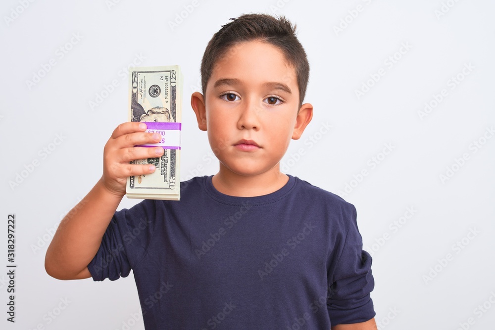 Beautiful kid boy holding dollars standing over isolated white background with a confident expression on smart face thinking serious Beautiful kid boy holding dollars standing over isolated white background with a confident expression on smart face thinking serious