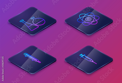 Set Isometric line Test tube and flask chemical laboratory, Meteorology thermometer measuring, Atom and Syringe. Blue square button. Vector