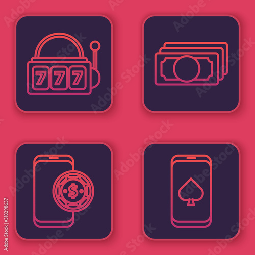 Set line Slot machine with lucky sevens jackpot, Online poker table game, Stacks paper money cash and Online poker table game. Blue square button. Vector