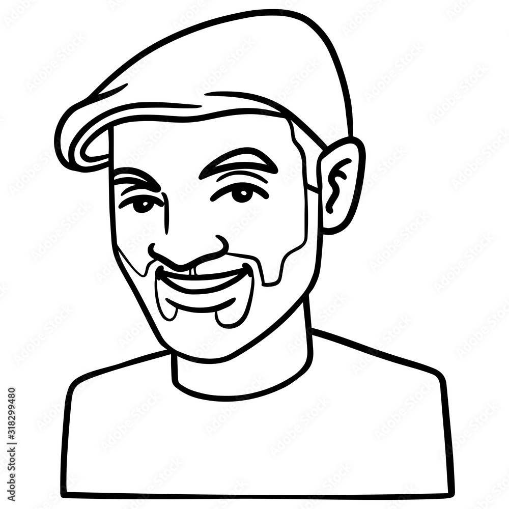 Hand drawn illustration of a man with a full beard and cap. laugh, emotions, cartoon, avatar, monochrome. Hand drawn illustration of a man with a full beard and cap. laugh, emotions, cartoon, avatar, monochrome.