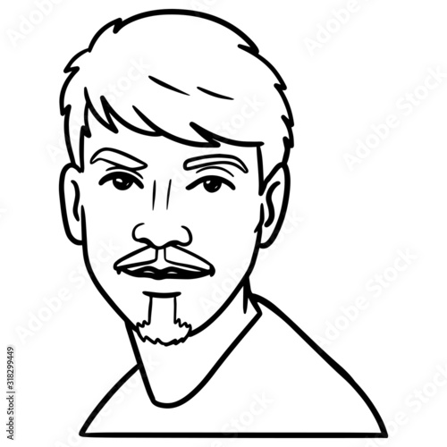 Monochrome vector illustration of a young man with short hair and mustache with a goatee. cool look, avatar, hand drawn.