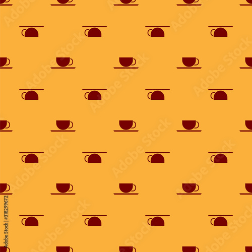Red Coffee cup icon isolated seamless pattern on brown background. Tea cup. Hot drink coffee. Vector Illustration