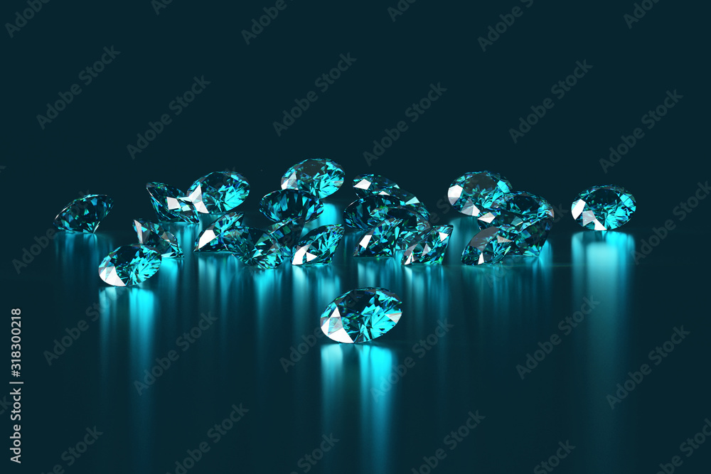 Group of Blue round diamonds Gem placed on reflection background 3d ...
