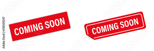 Red sticker coming soon vector isolated. Curved corner with shadows. Banner sale tag. Price flyer label.