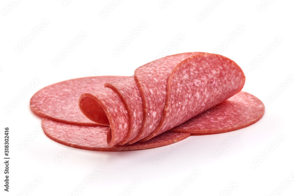Thin salami sausage slices, isolated on white background Thin salami sausage slices, isolated on white background