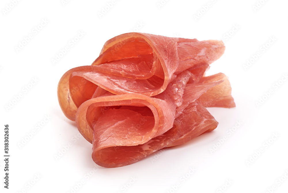 Italian prosciutto crudo or jamon, isolated on white background Italian prosciutto crudo or jamon, isolated on white background