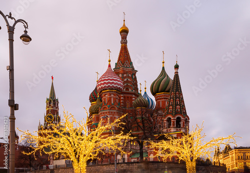 Saint Basil cathedral ( Temple of Basil the Blessed) and Christmas (New Year) decoration, Moscow, Russia. View from Zaryadye Park