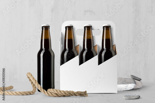 Beer six pack bottles composition mockup on white wooden background, with access фототапет